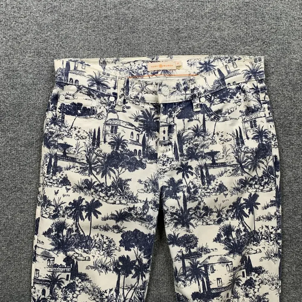 Tory Burch Jeans Womens 27 White Navy Tropical Toile Print Straight Leg Mid Rise